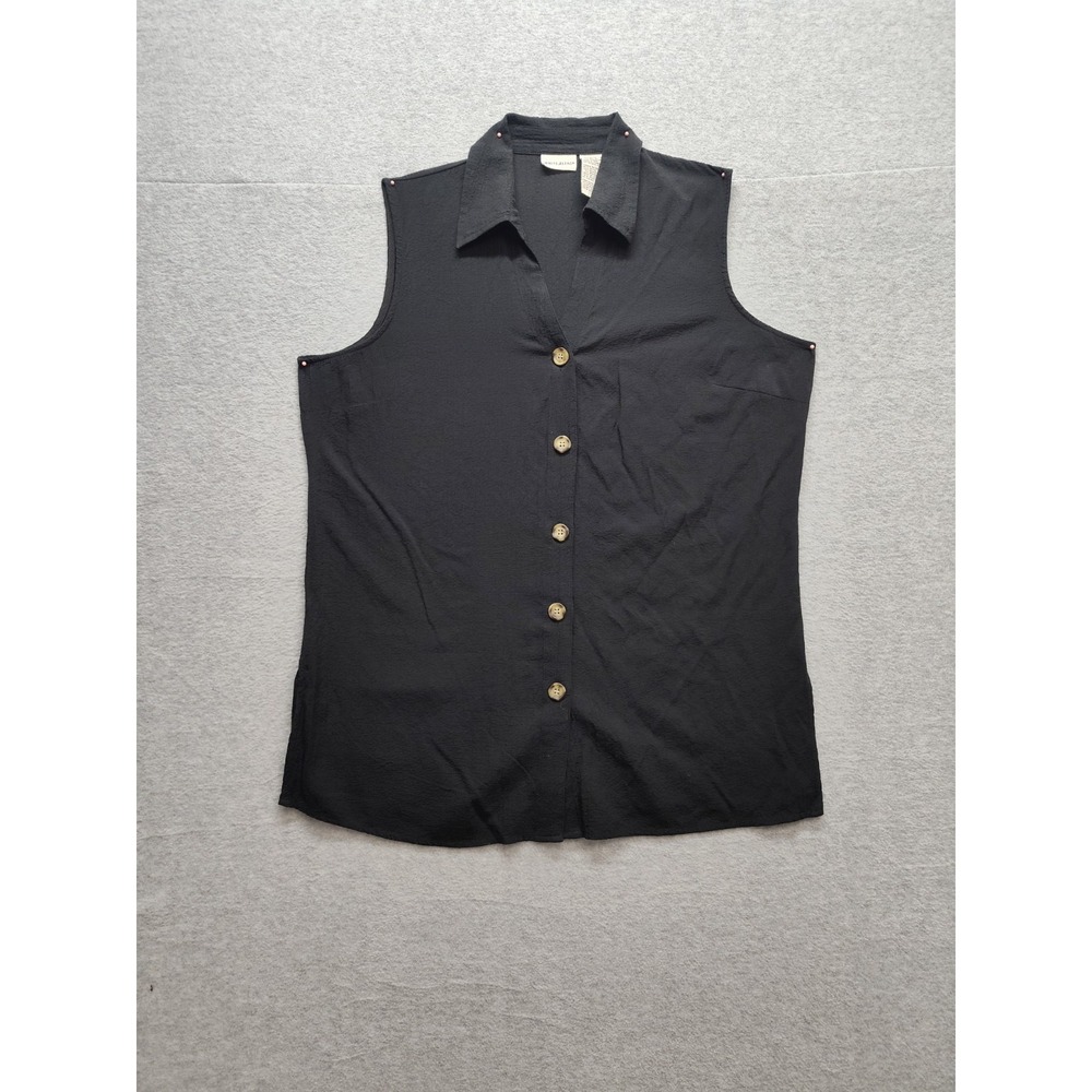 White Stag Women Top L Black Button Front V Neck Collared Sleeveless Logo Casual